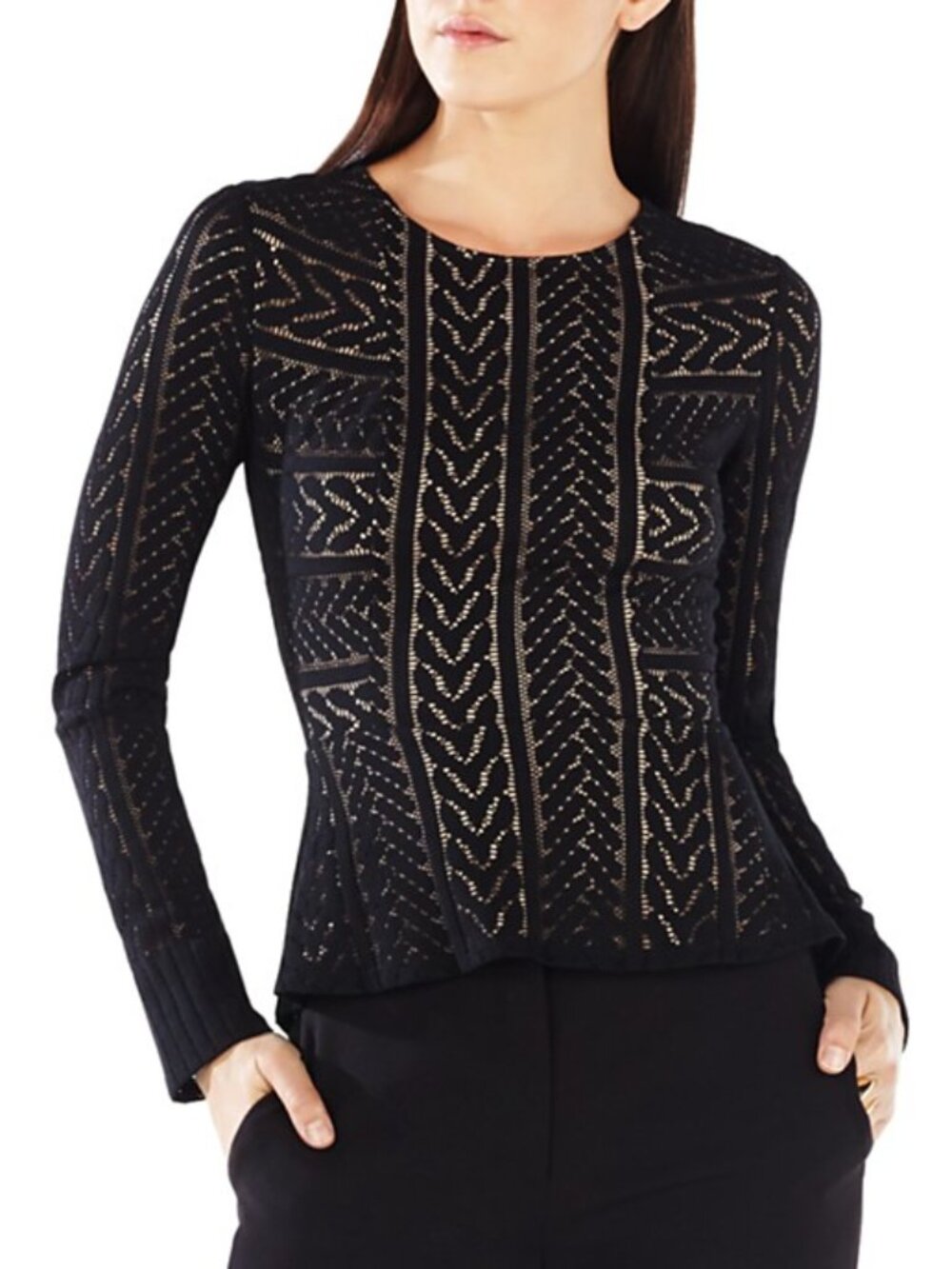 BCBGMaxAzria Pietreo Black and Nude Long Sleeve Knit Zipper Back Top Size XS